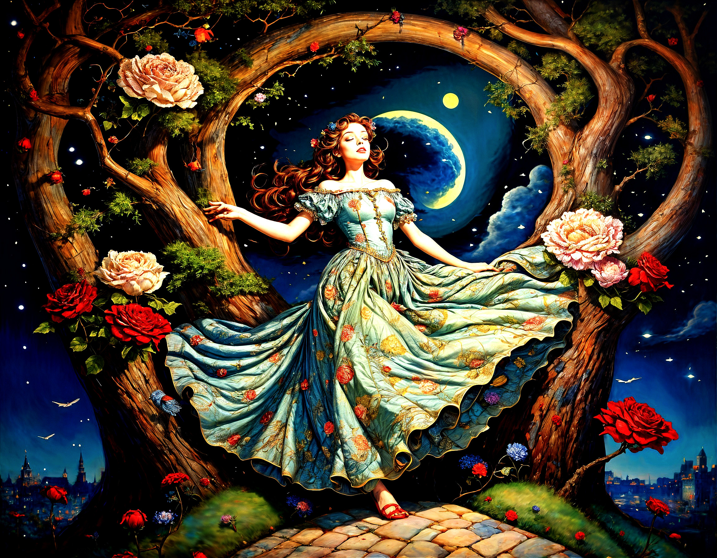Young Woman in Floral Dress Under Starry Night Sky
