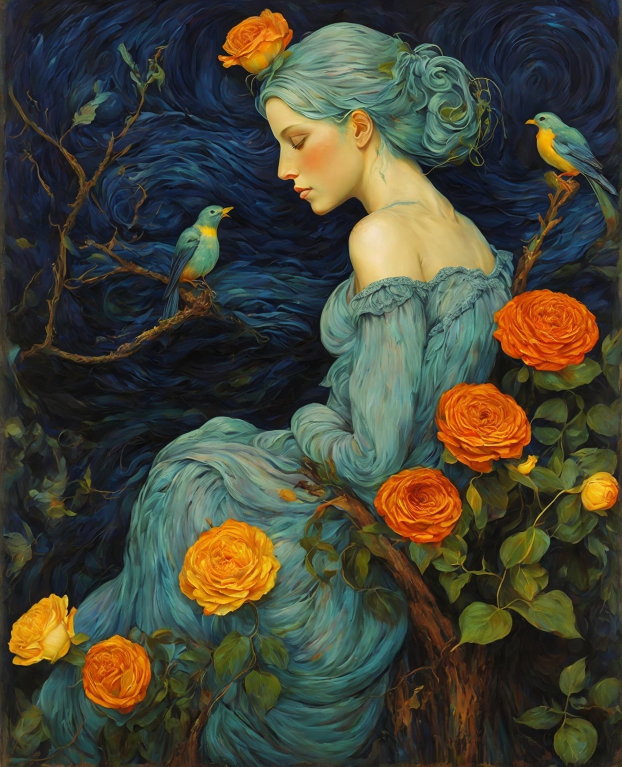 Blue-haired woman in orange rose dress surrounded by birds in night garden