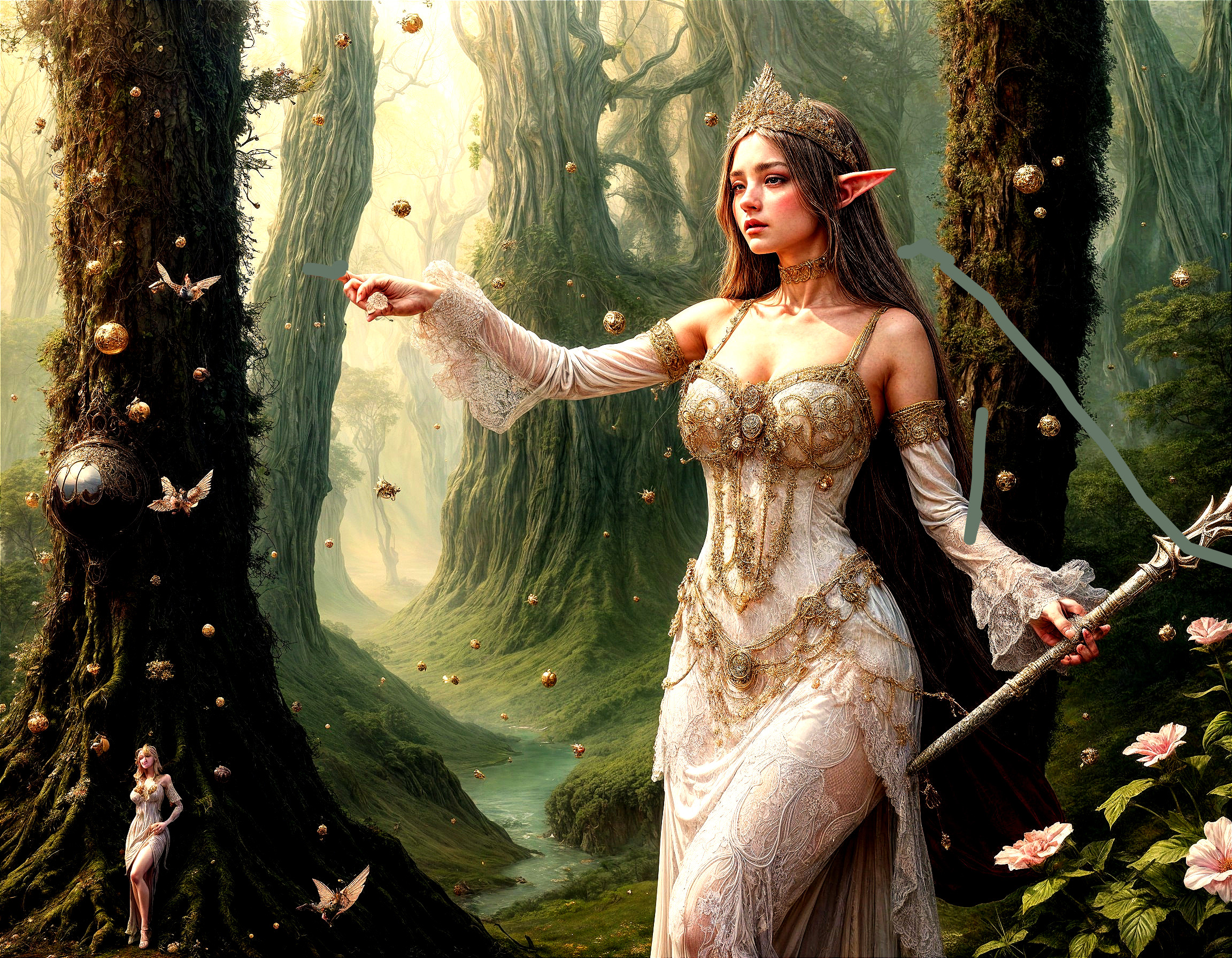 Majestic Elf Queen in Mystical Forest Setting