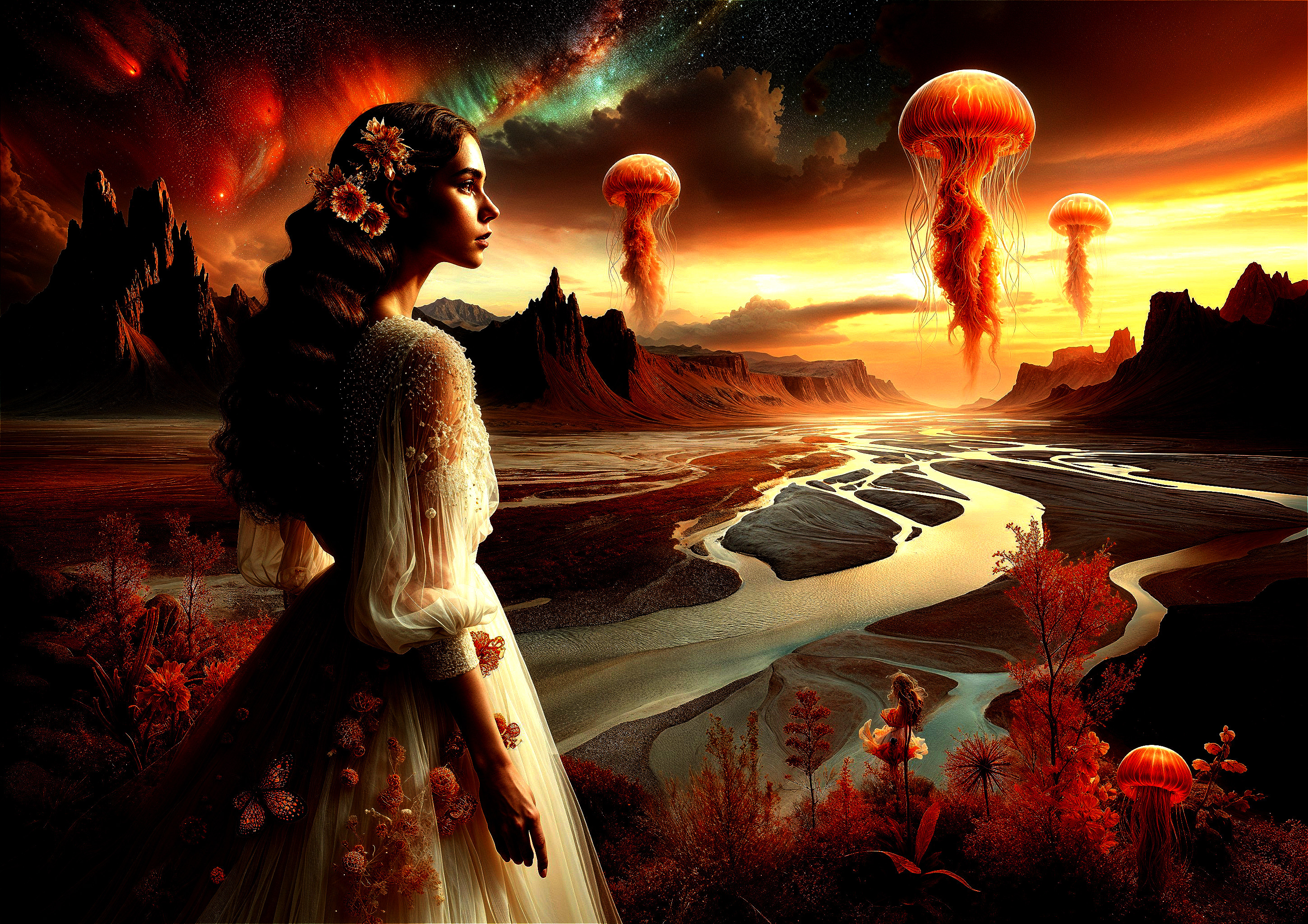 Surreal Landscape with Woman and Floating Jellyfish