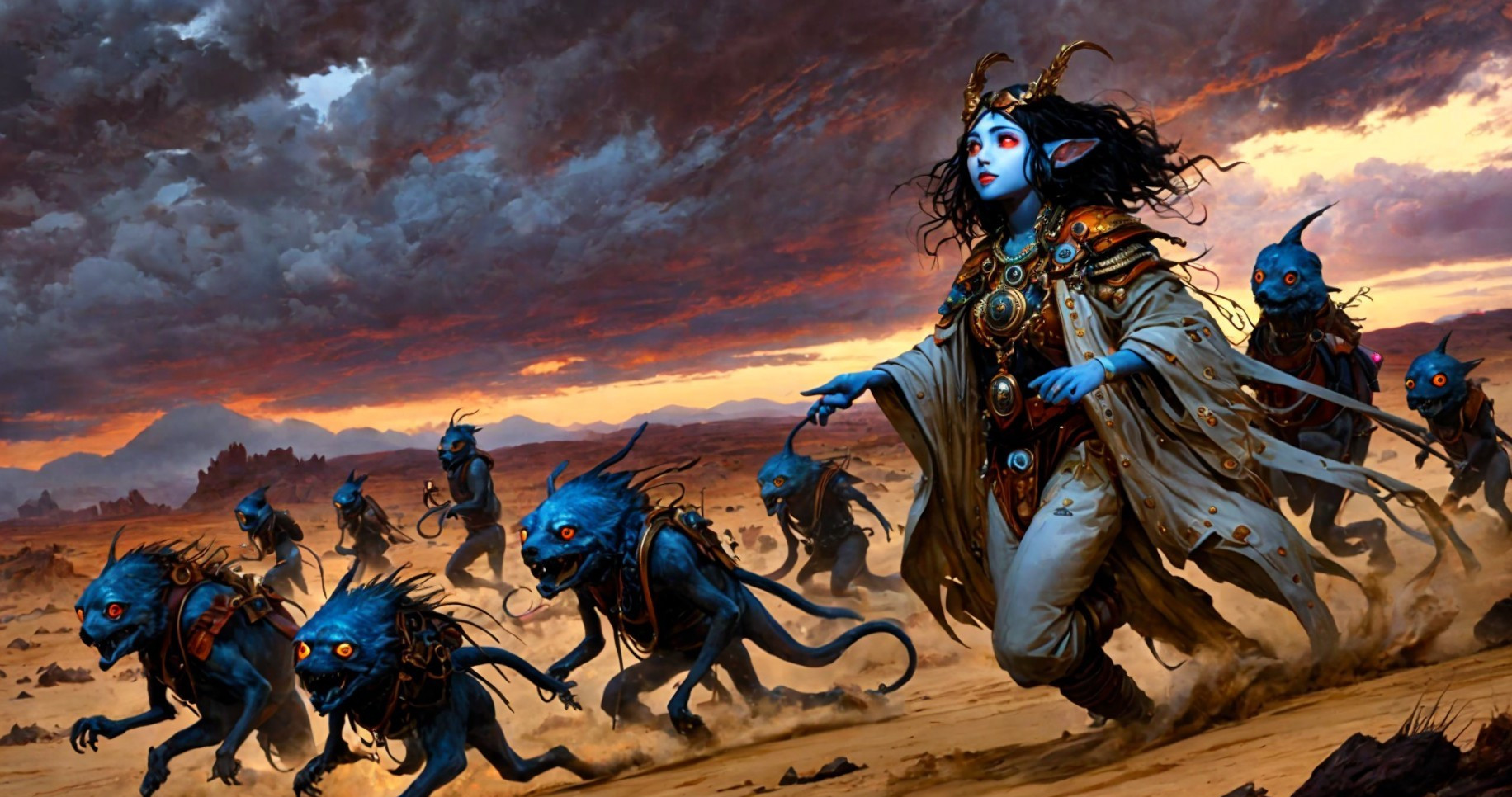 Mystical Figure and Creatures in Fantastical Landscape