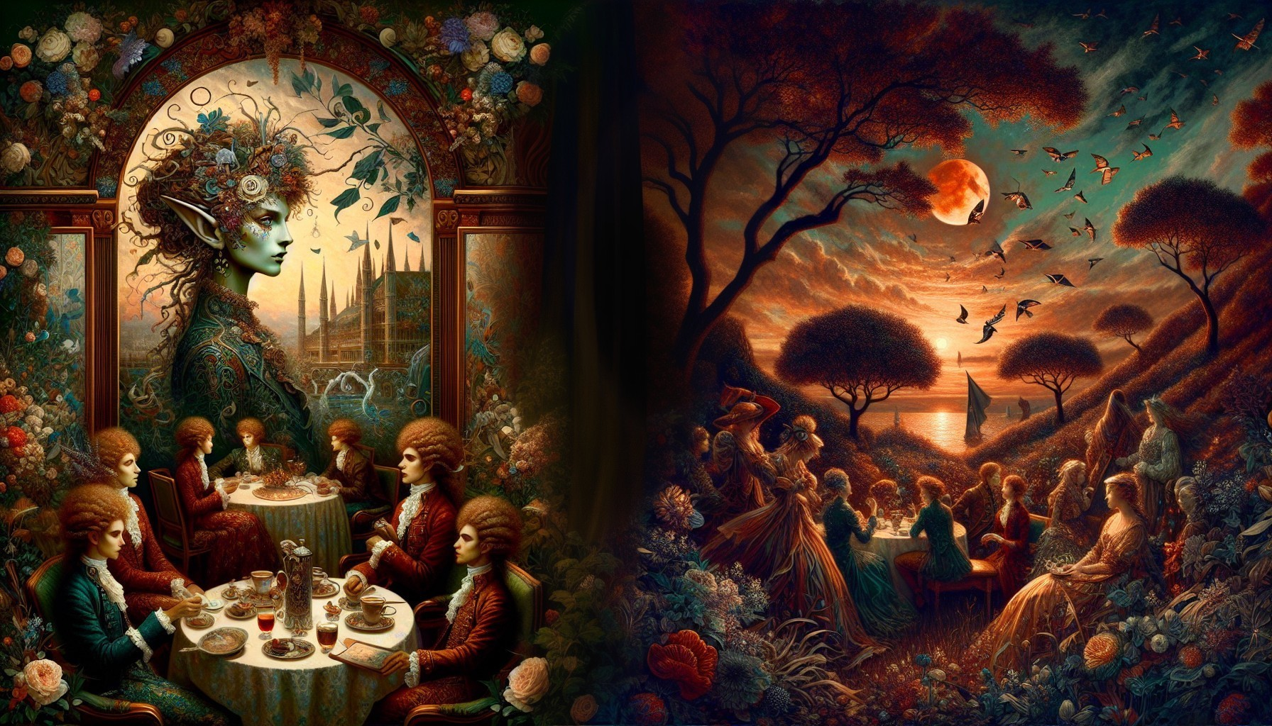 Surreal Scene with Ethereal Figures and Dreamlike Sunset