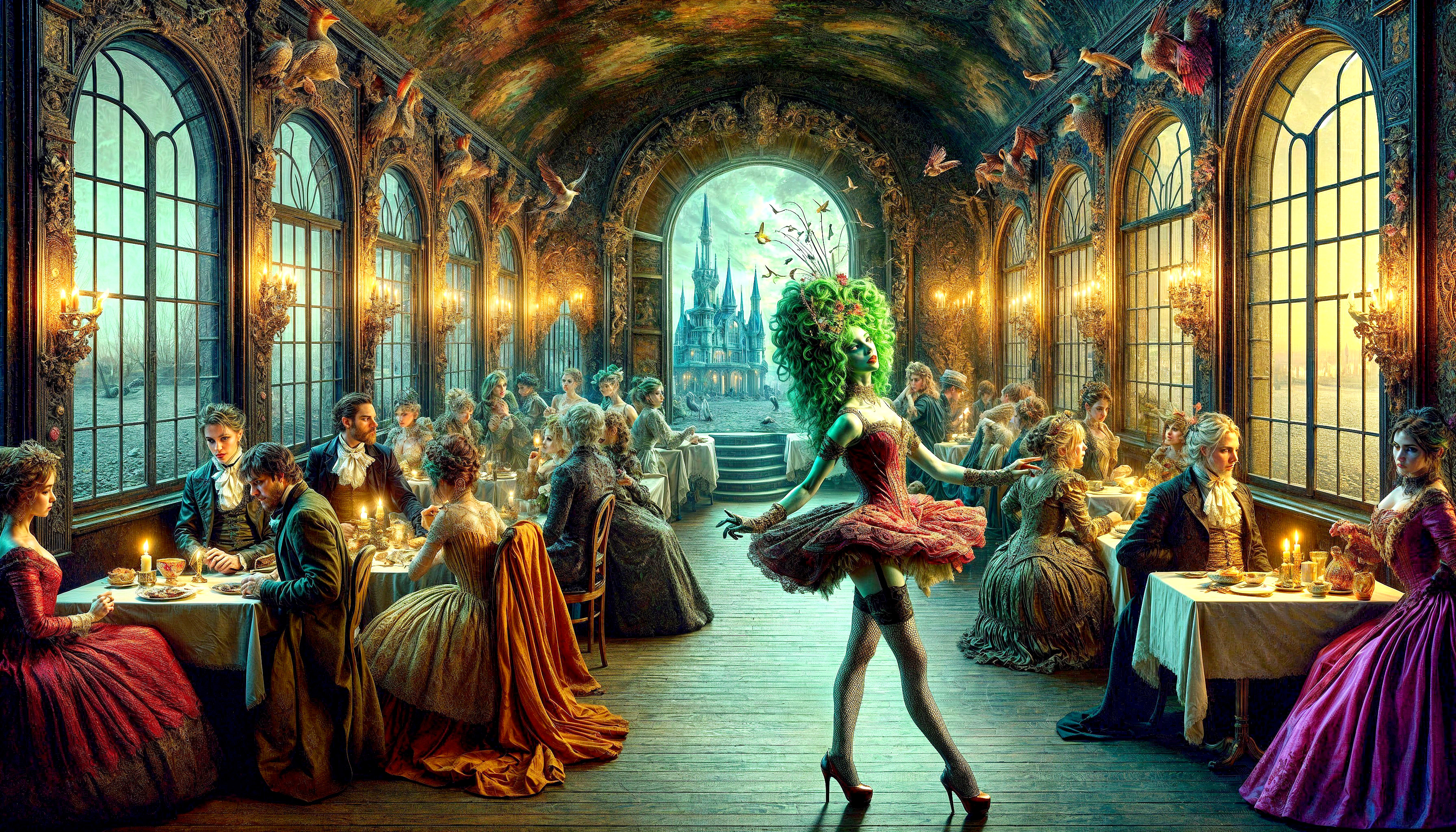 Elegant Dining in a Candlelit Hall with Performers