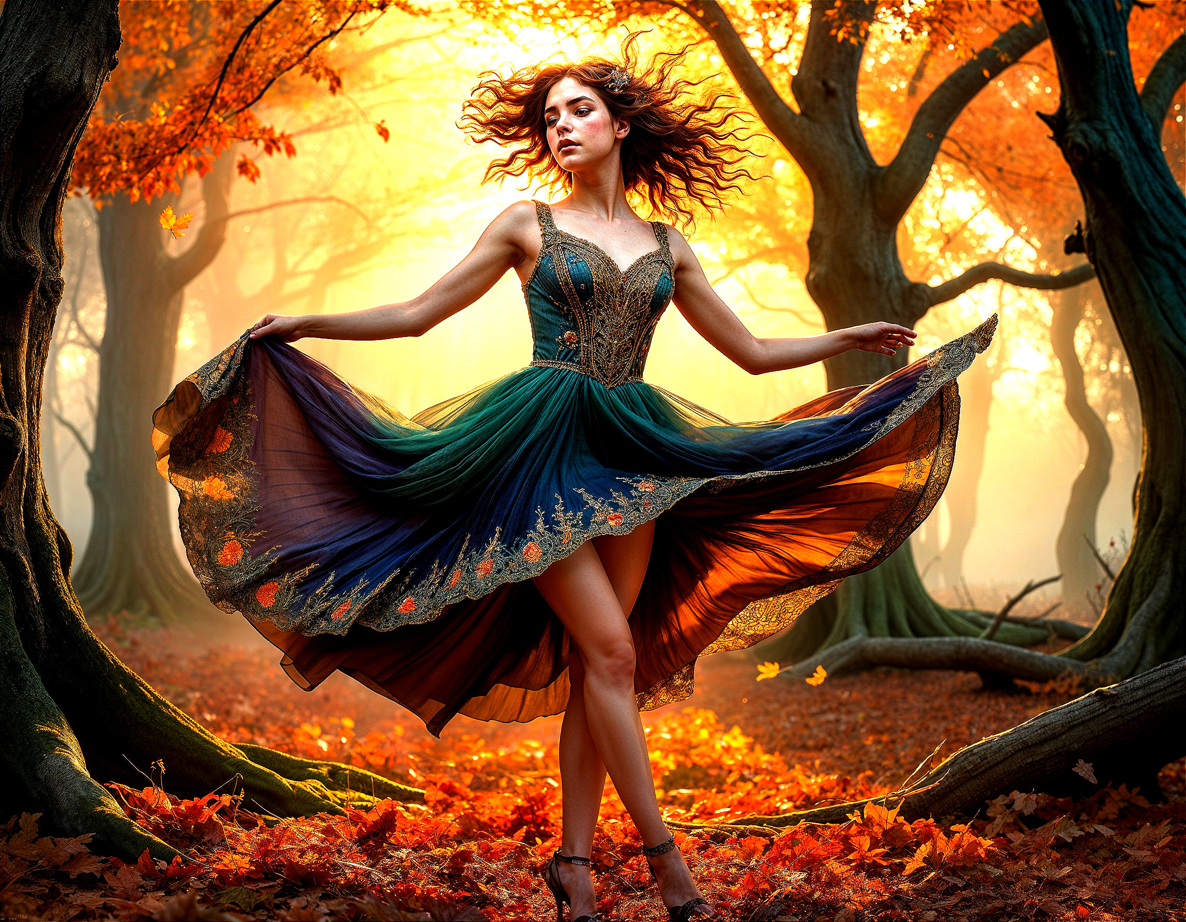 Graceful Figure in Flowing Dress in Autumn Forest