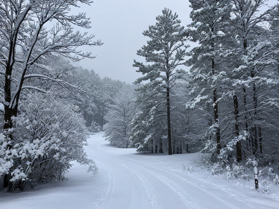 Curved Snowy Path Leading into Dense Pine Forest