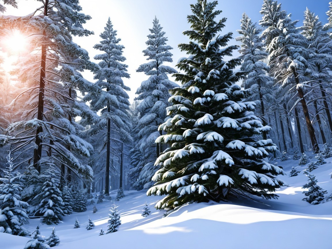 Winter Forest Landscape with Snow-Covered Pines