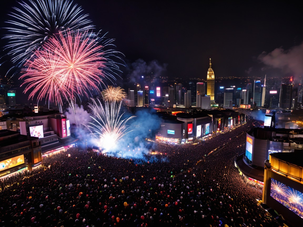 Vibrant Night Cityscape with Fireworks Celebration