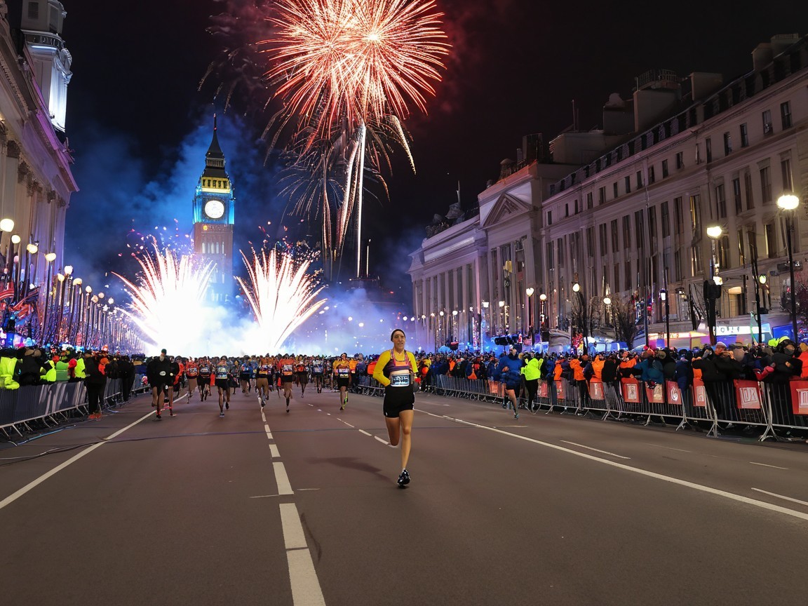 Night-time Race in London with Big Ben and Fireworks