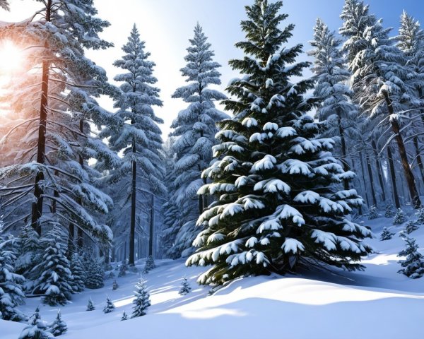 Winter Forest Landscape with Snow-Covered Pines