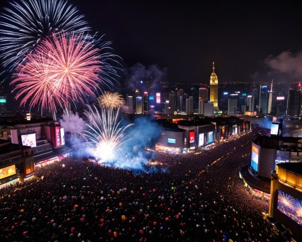 Vibrant Night Cityscape with Fireworks Celebration
