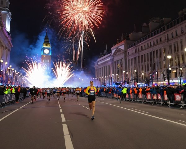 Night-time Race in London with Big Ben and Fireworks