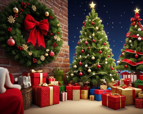Vibrant Christmas Scene with Wreath and Gifts