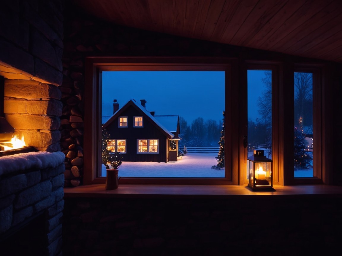 Cozy Interior with Snowy Landscape View at Dusk