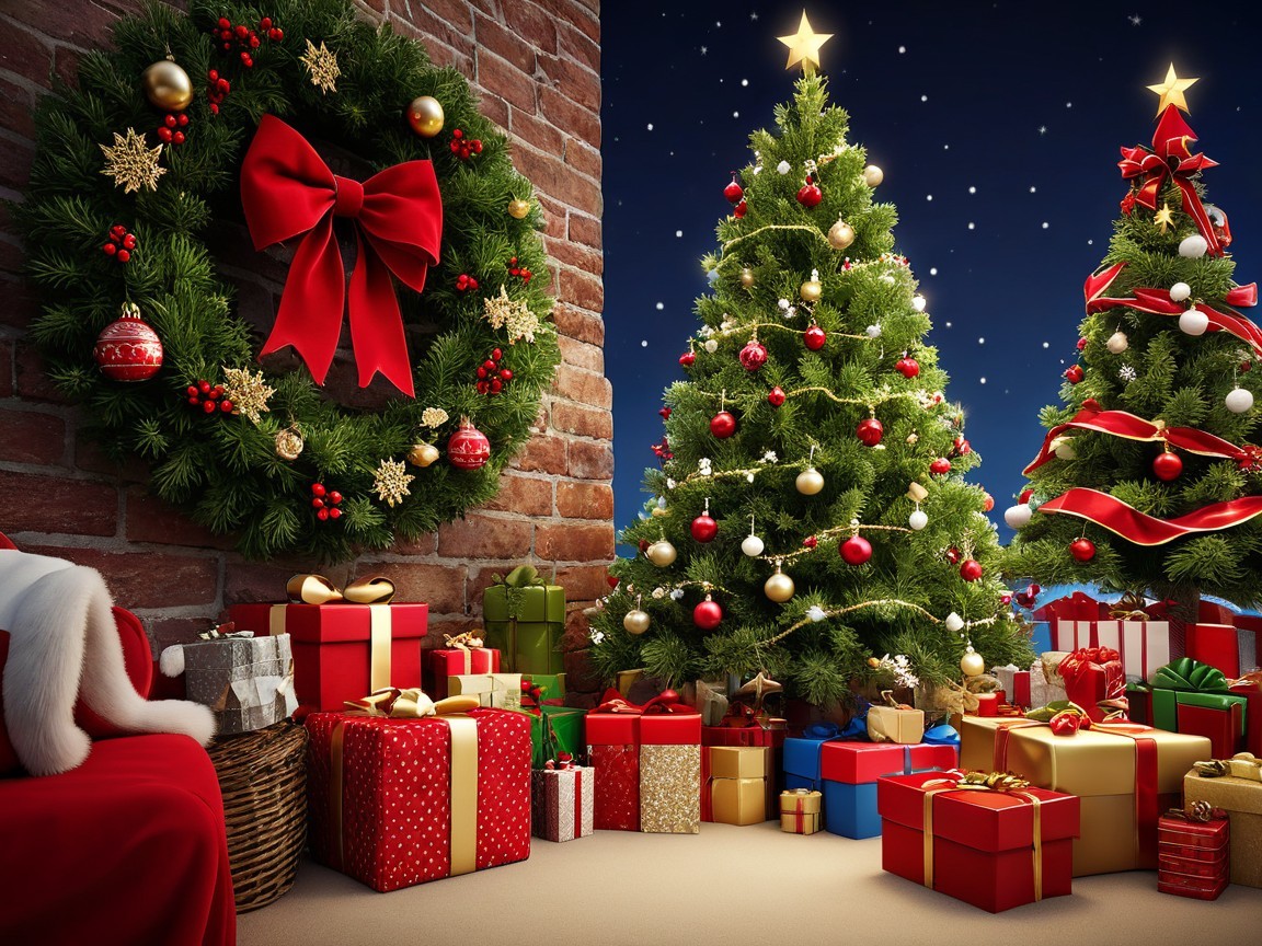 Vibrant Christmas Scene with Wreath and Gifts