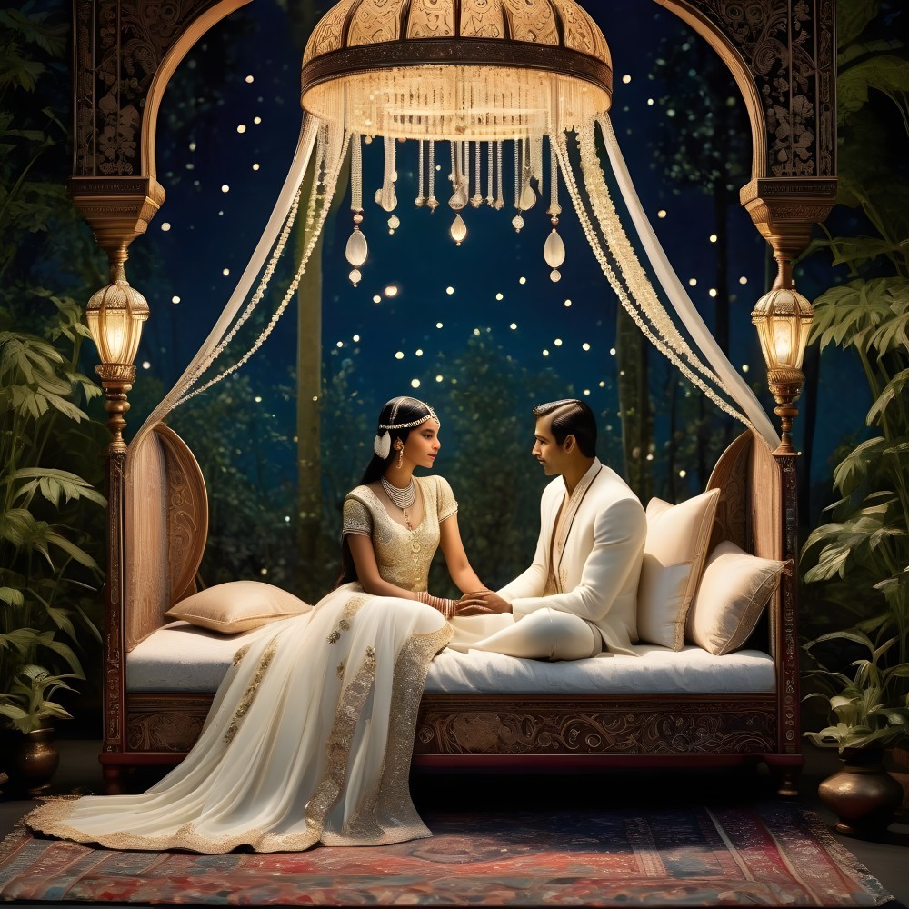 Romantic couple on ornate swing under grand chandelier