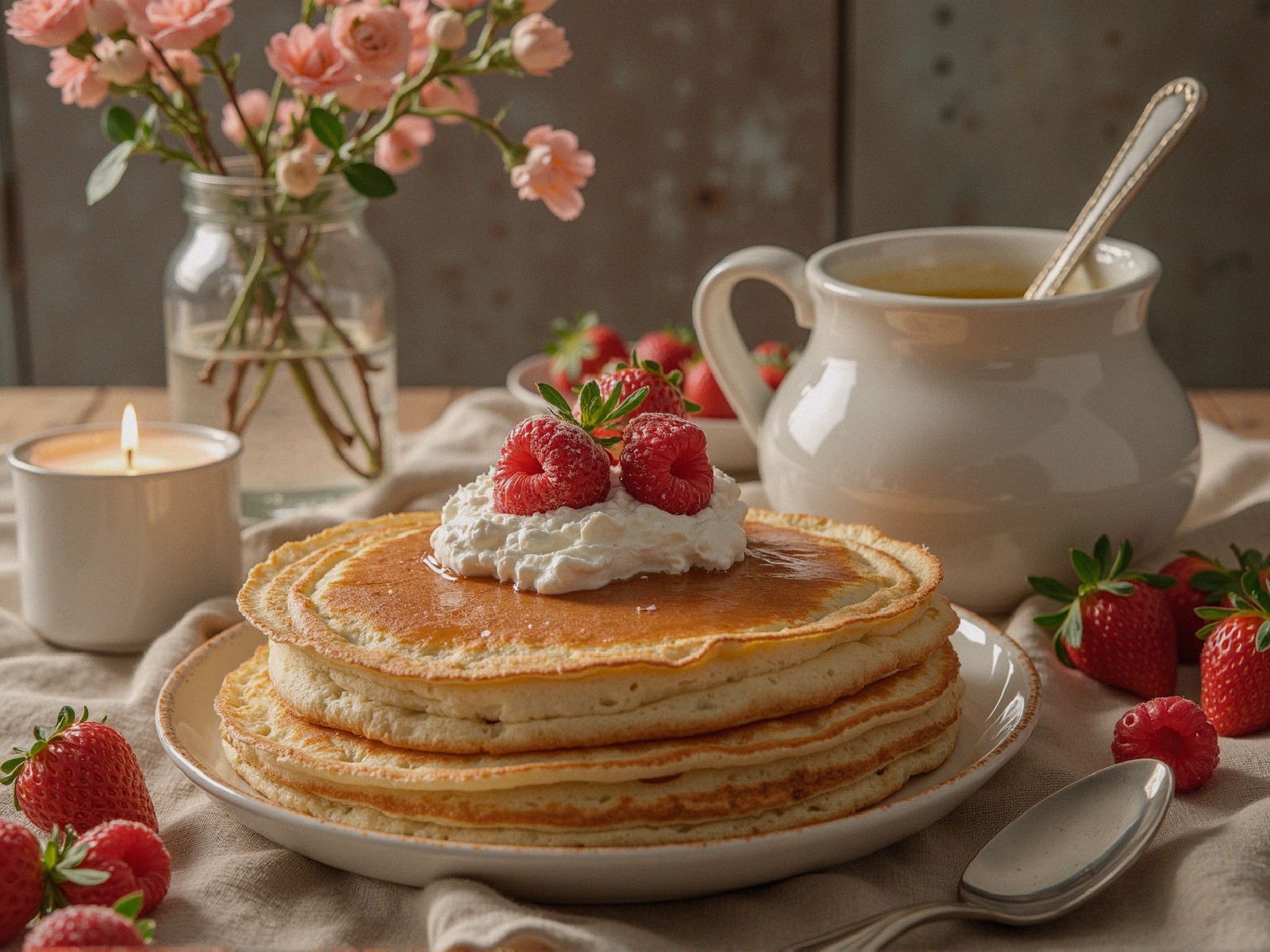 Elegant Pancake Breakfast with Fresh Berries and Flowers