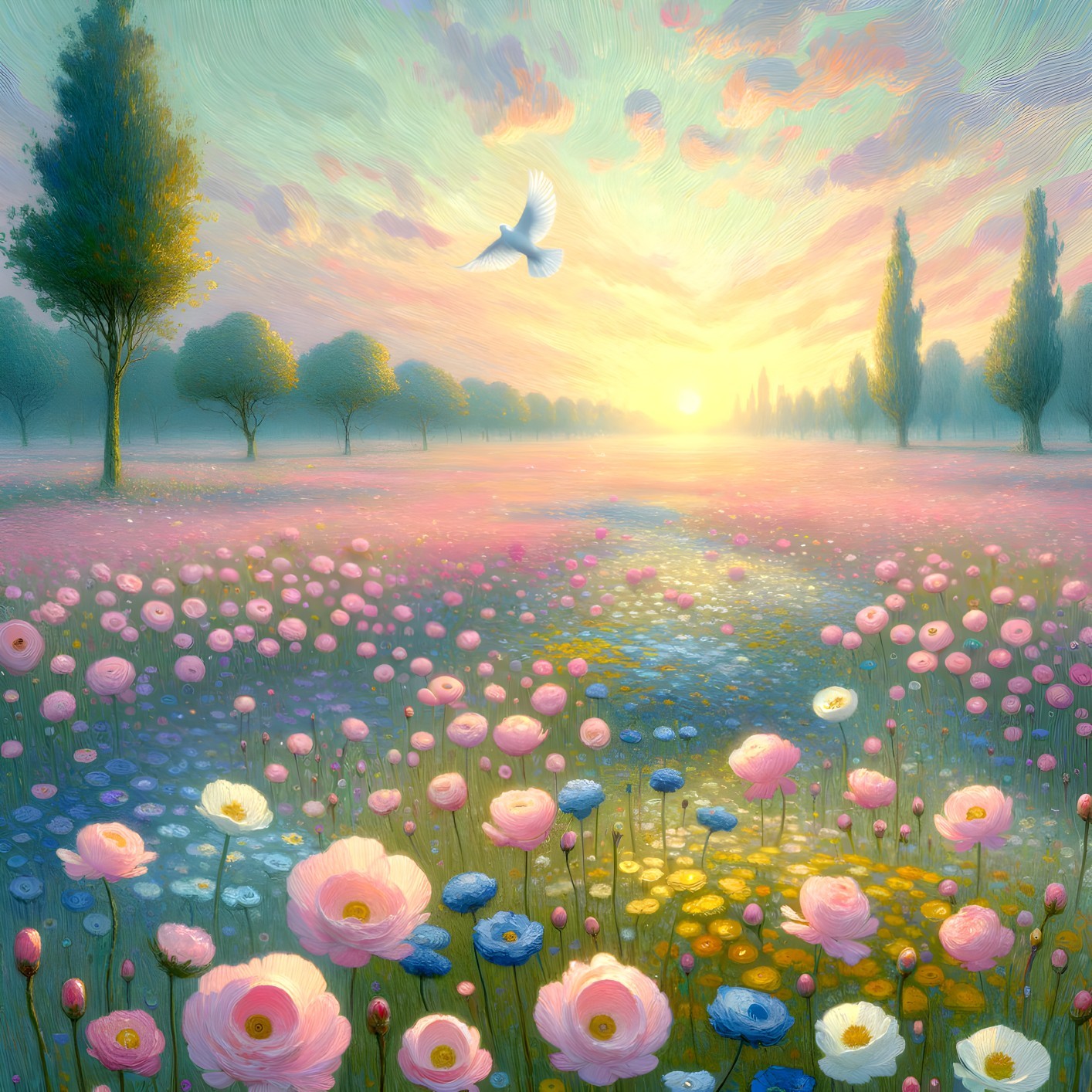 Vibrant Sunrise Landscape with Colorful Flowers