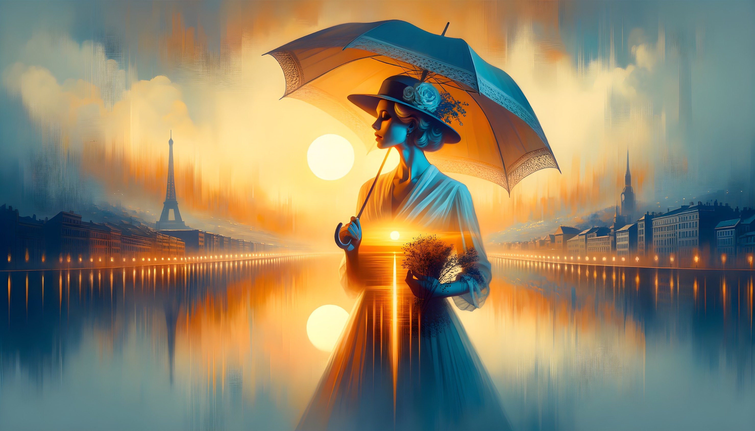 Serene figure by tranquil river at sunset with umbrella