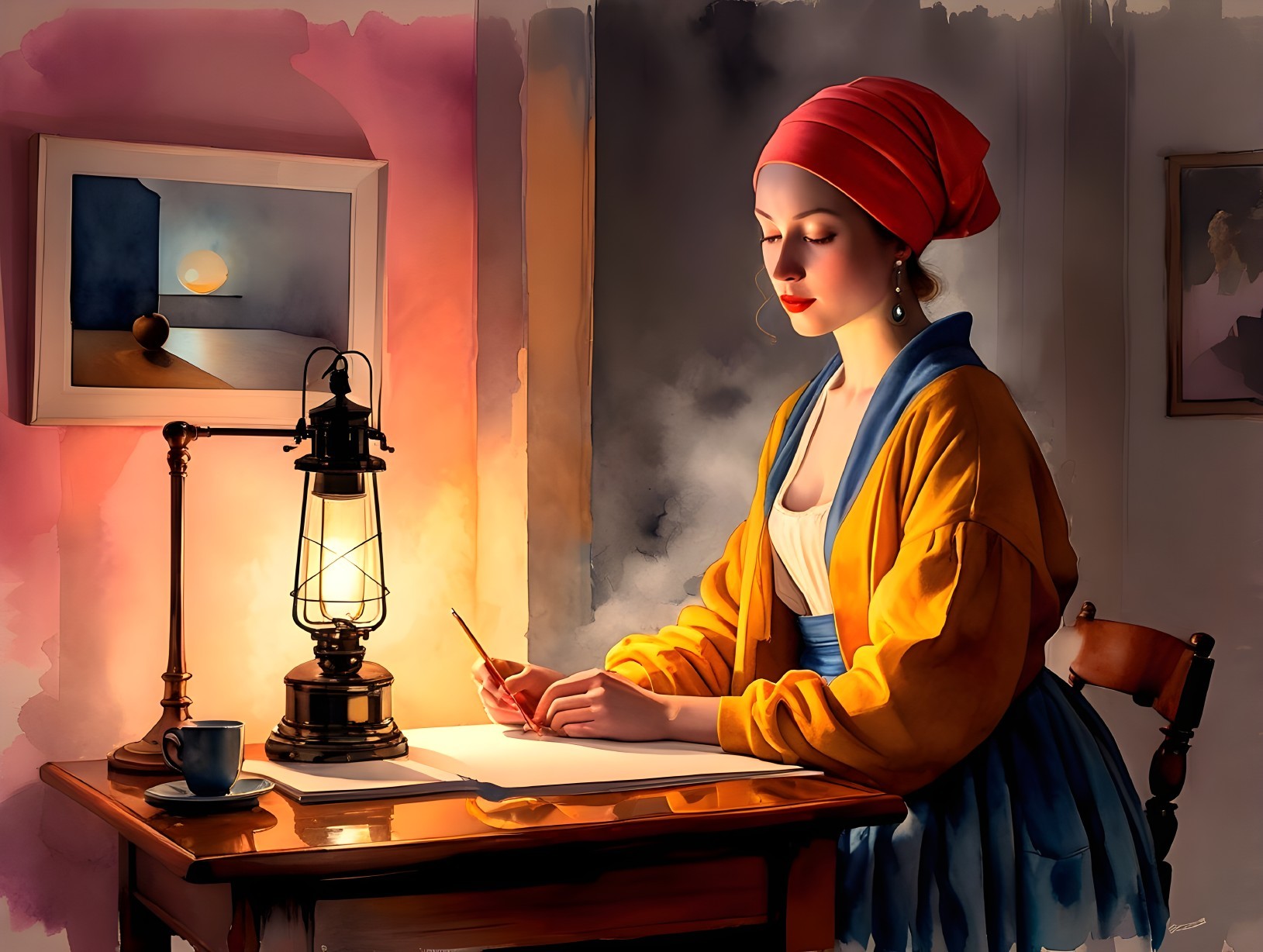 Woman in Yellow and Blue Outfit Writing at Table