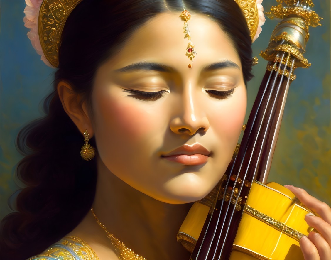 Young Woman with Instrument in Serene Setting