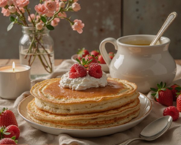 Elegant Pancake Breakfast with Fresh Berries and Flowers