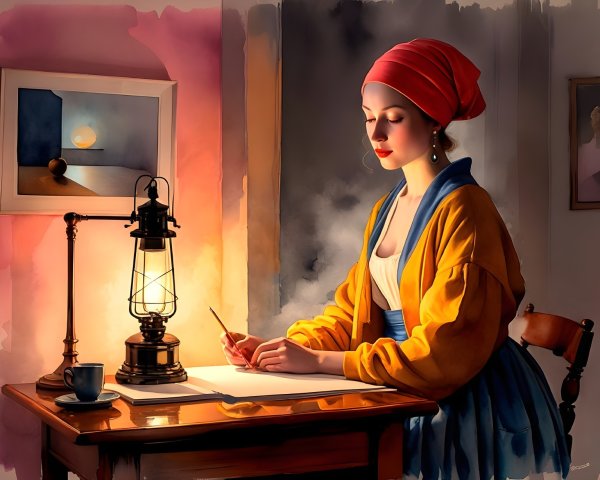 Woman in Yellow and Blue Outfit Writing at Table
