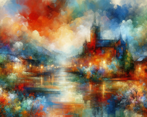 Abstract Landscape with River and Majestic Castle