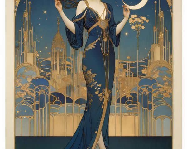Art Deco Illustration of Woman in Starry Night Scene