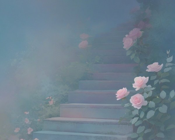 Serene Staircase Surrounded by Mist and Roses