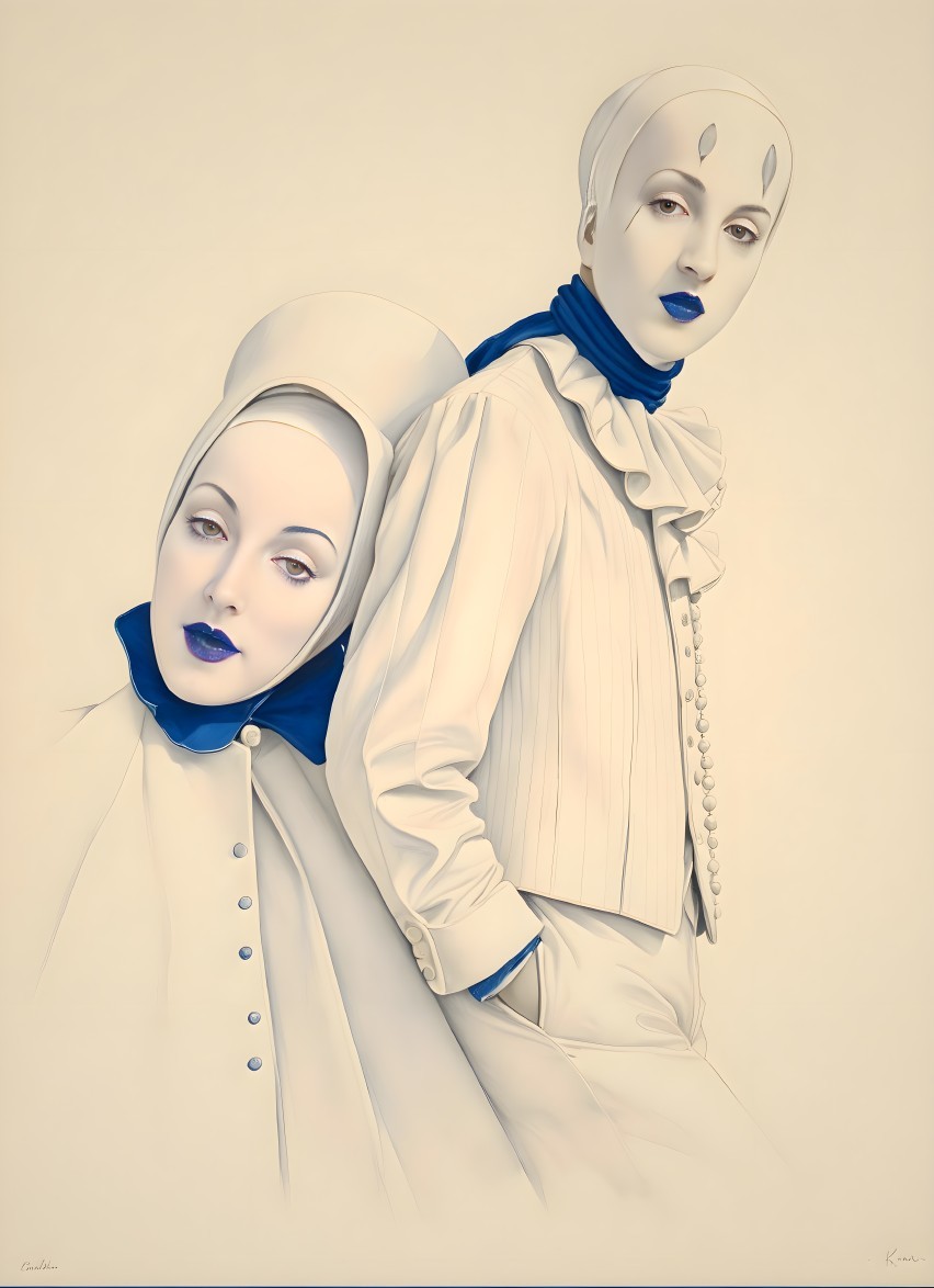 Elegantly Dressed Figures in Ethereal Pale Clothing