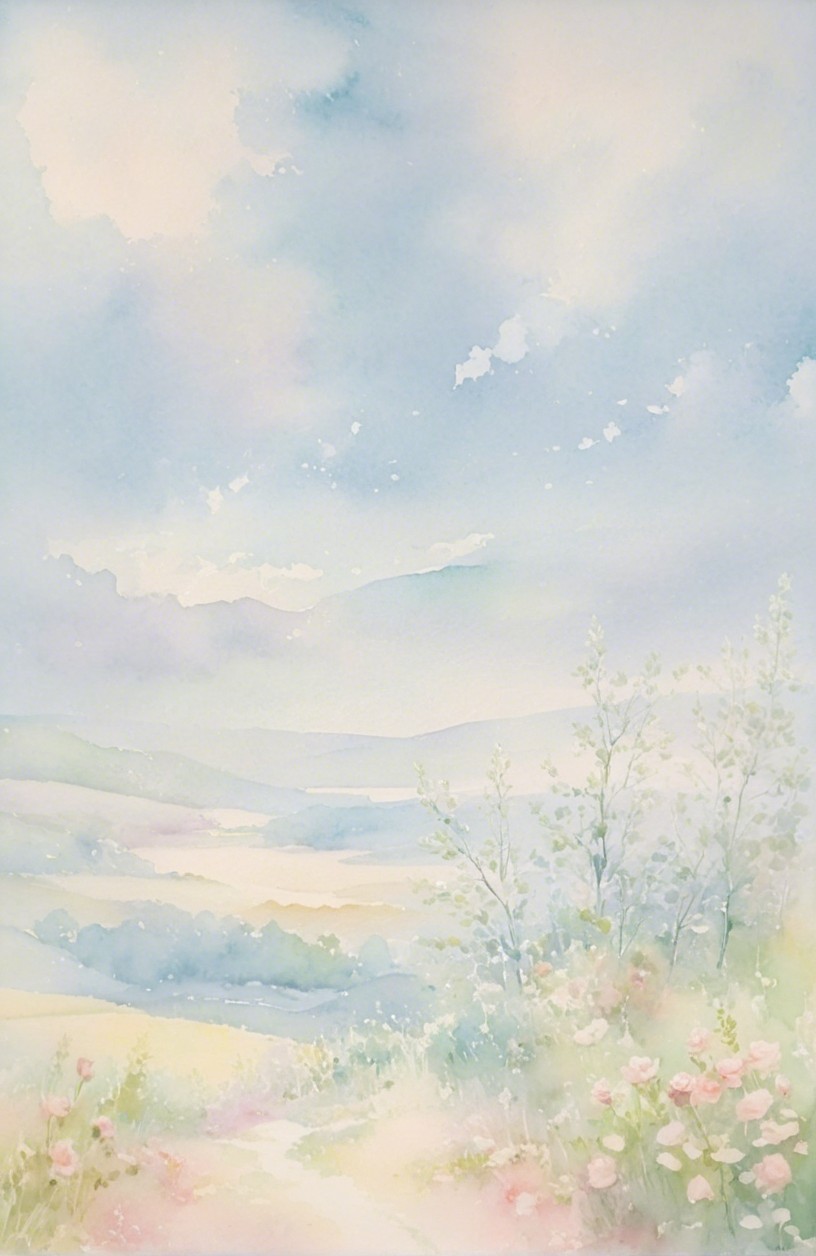 Watercolor Landscape of Rolling Hills and Blue Sky
