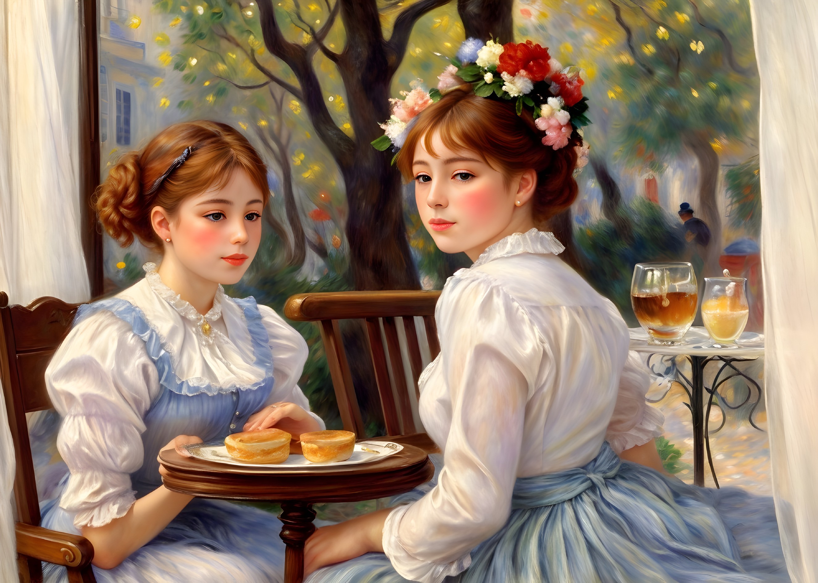 Young Women in Elegant Dresses Enjoying Pastries Outdoors