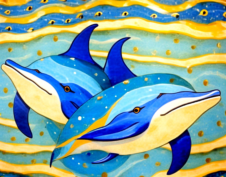 Colorful Illustration of Dolphins with Wave Background