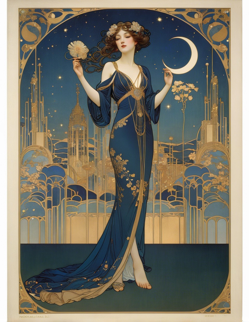 Art Deco Illustration of Woman in Starry Night Scene