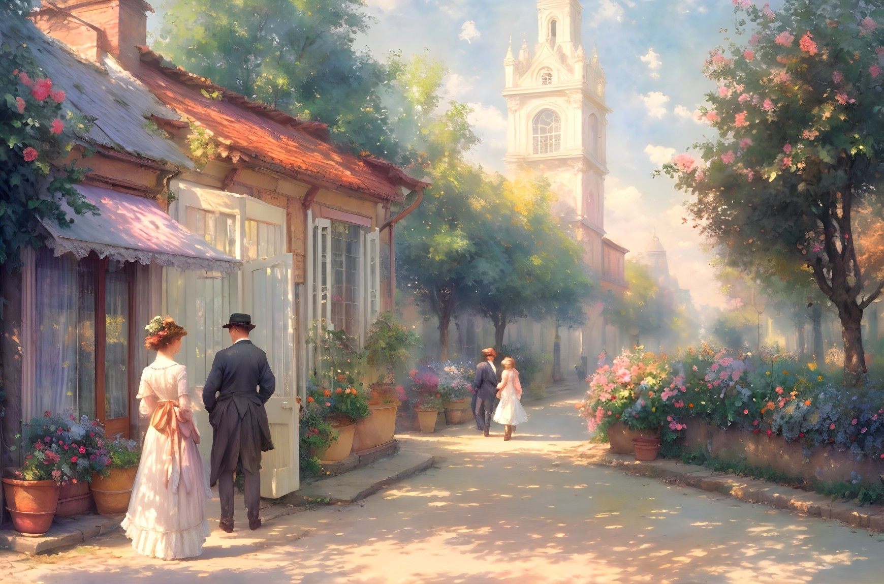 Sunlit Vintage Street with Quaint Buildings and Flowers