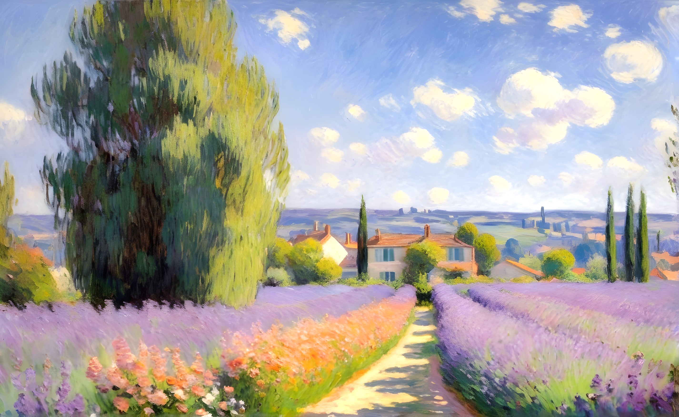 Vibrant Lavender Fields and Quaint Houses Landscape