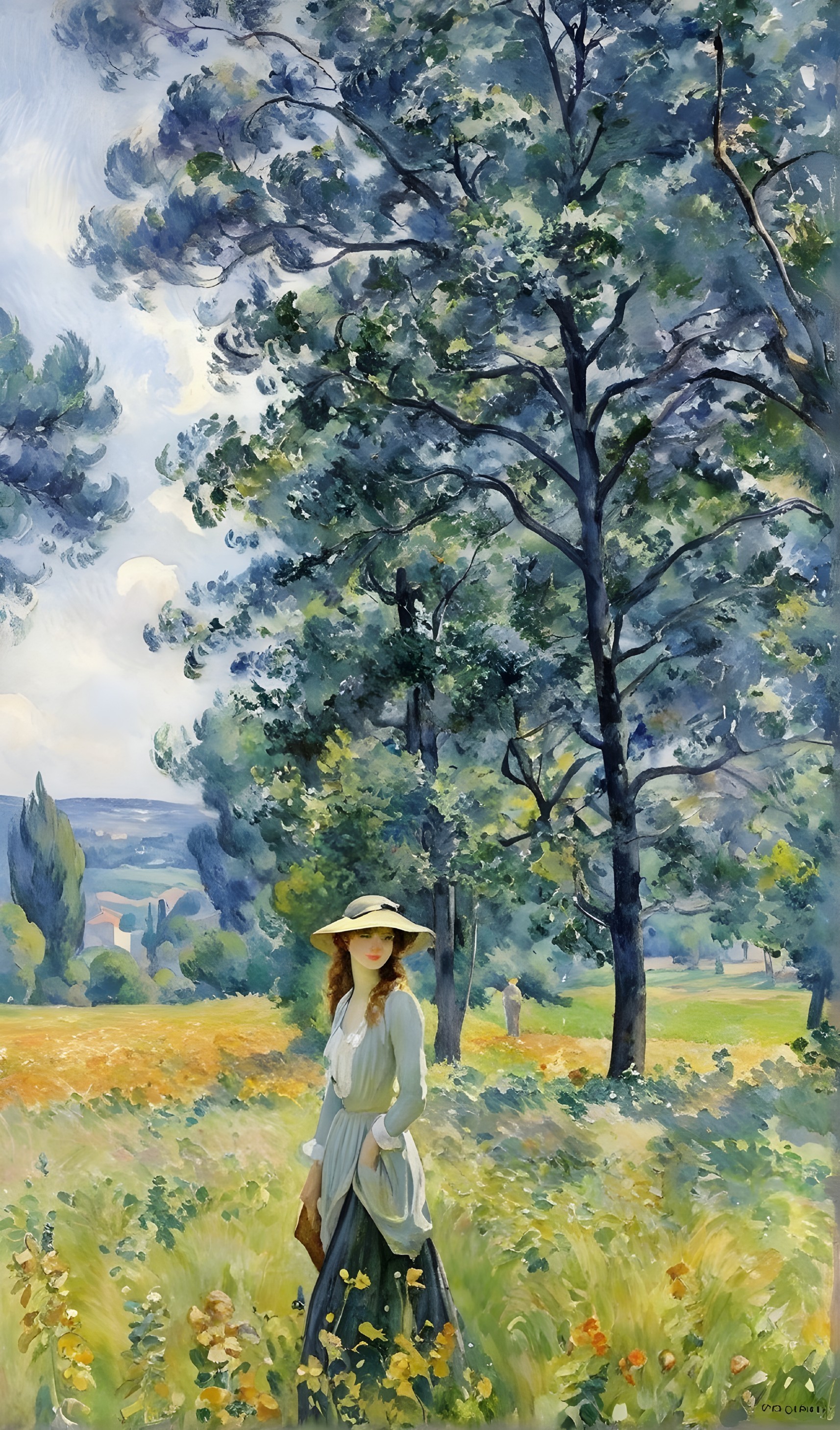 Serene Landscape with Woman and Vibrant Wildflowers