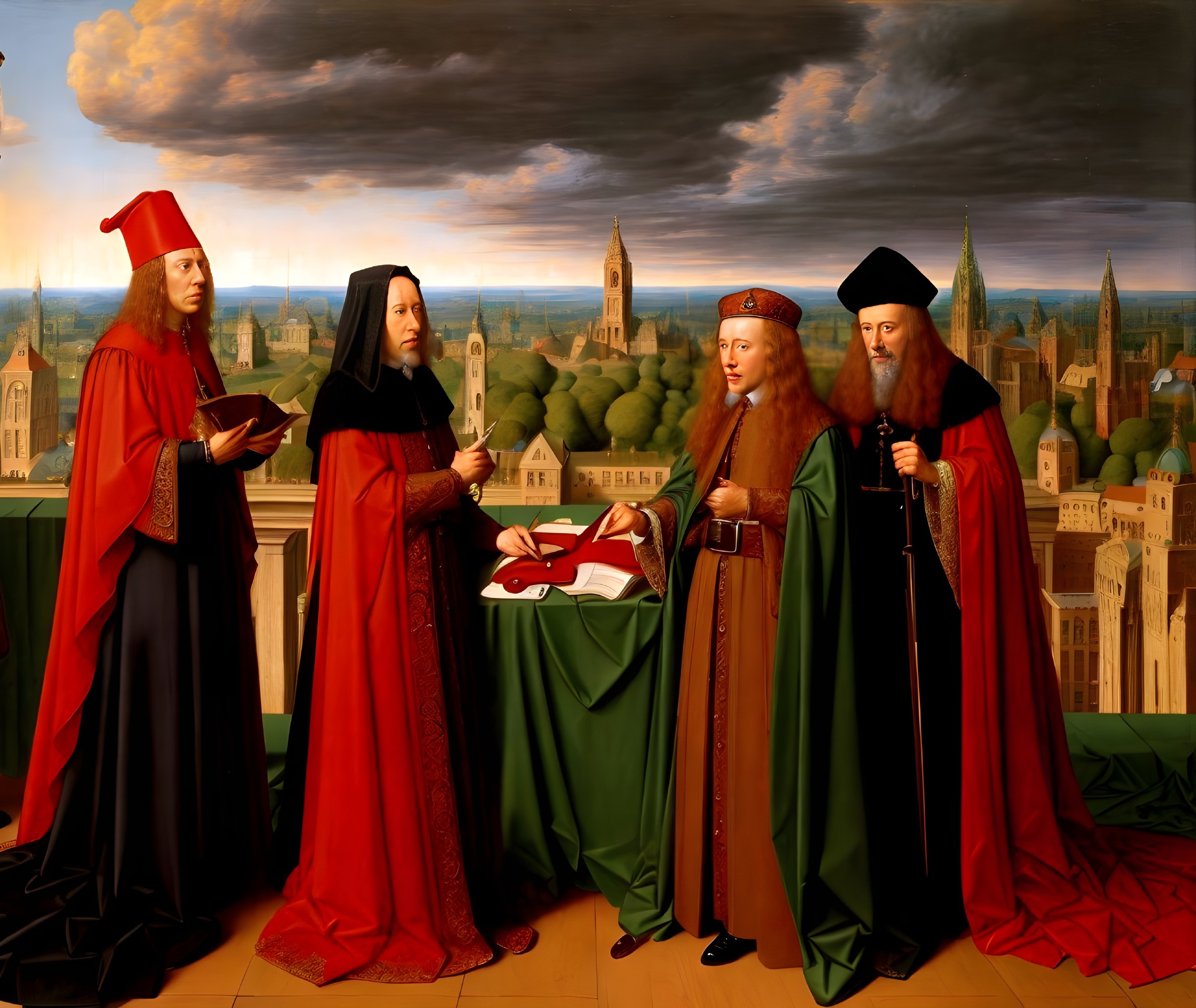 Historical Figures in Elaborate Attire Against Cityscape