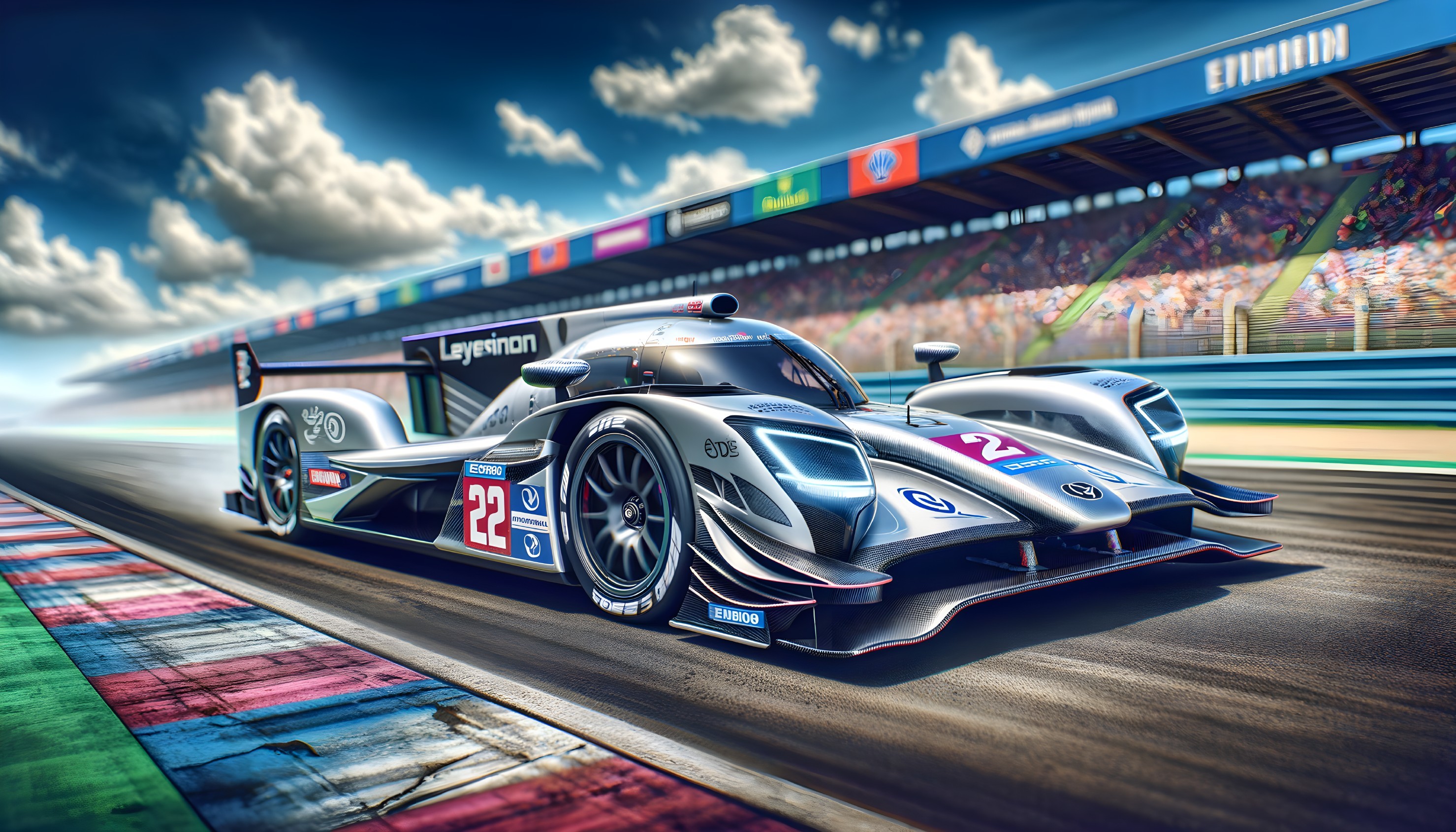 Futuristic racing car number 22 on vibrant racetrack