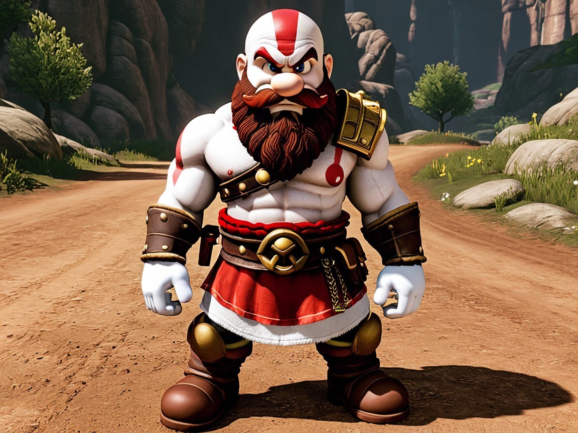Animated Muscular Warrior in Red and White Armor