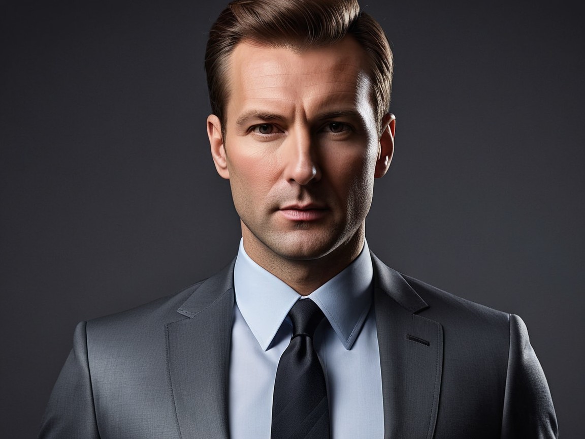 Confident Man in Tailored Grey Suit Against Dark Background