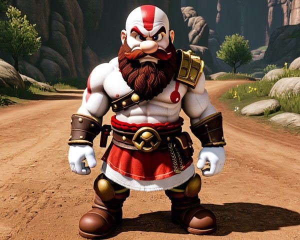 Animated Muscular Warrior in Red and White Armor
