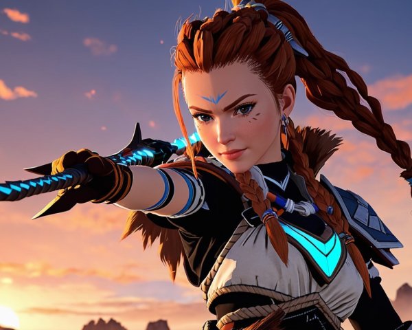 Fierce Female Warrior with Bow at Sunset Landscape