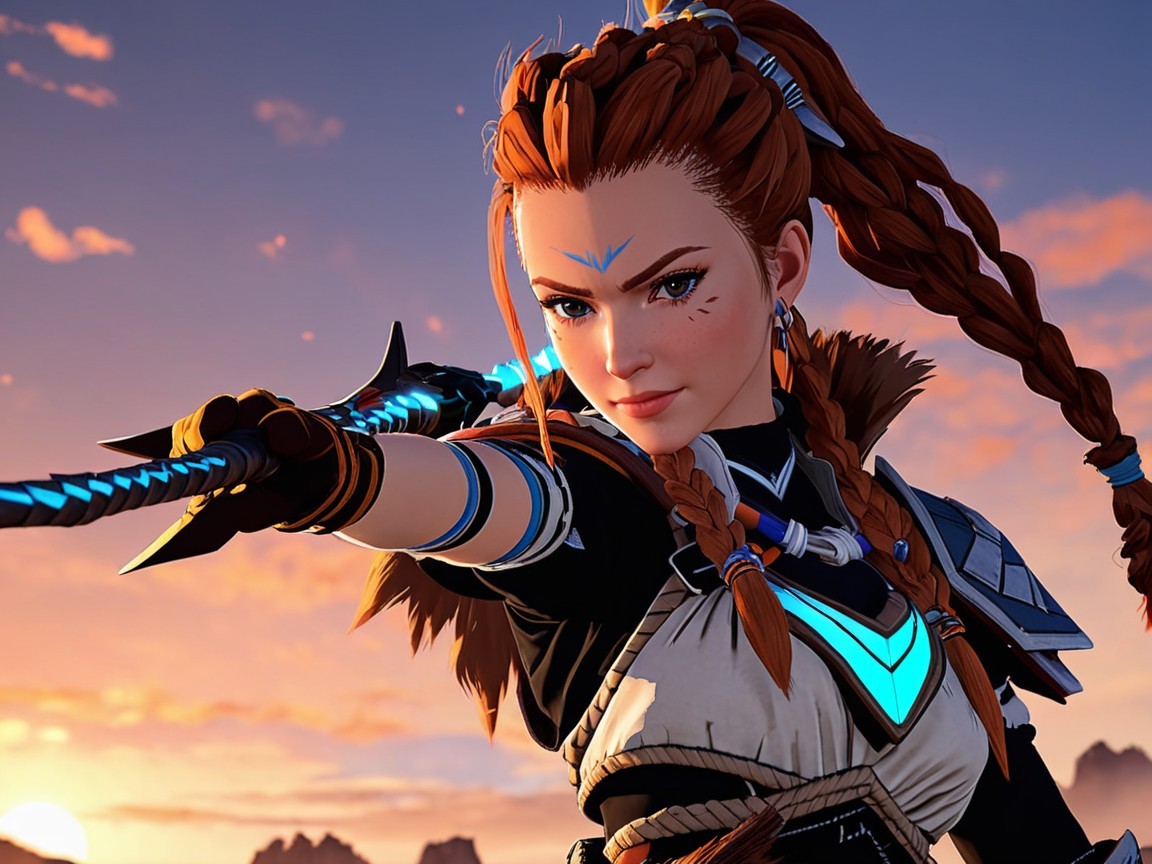 Fierce Female Warrior with Bow at Sunset Landscape