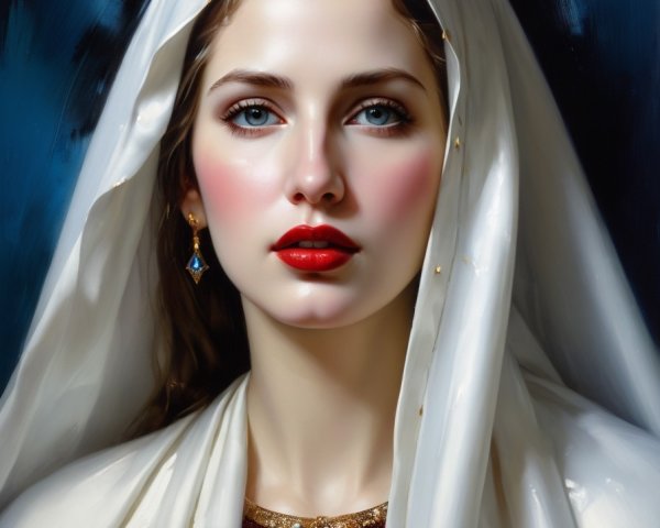 Woman portrait with blue eyes, red lips, white headscarf, red garment, blue gemstone