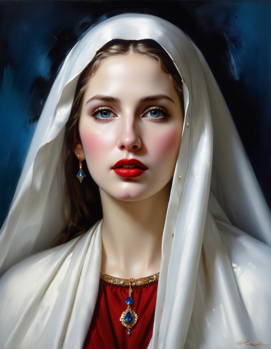 Woman portrait with blue eyes, red lips, white headscarf, red garment, blue gemstone