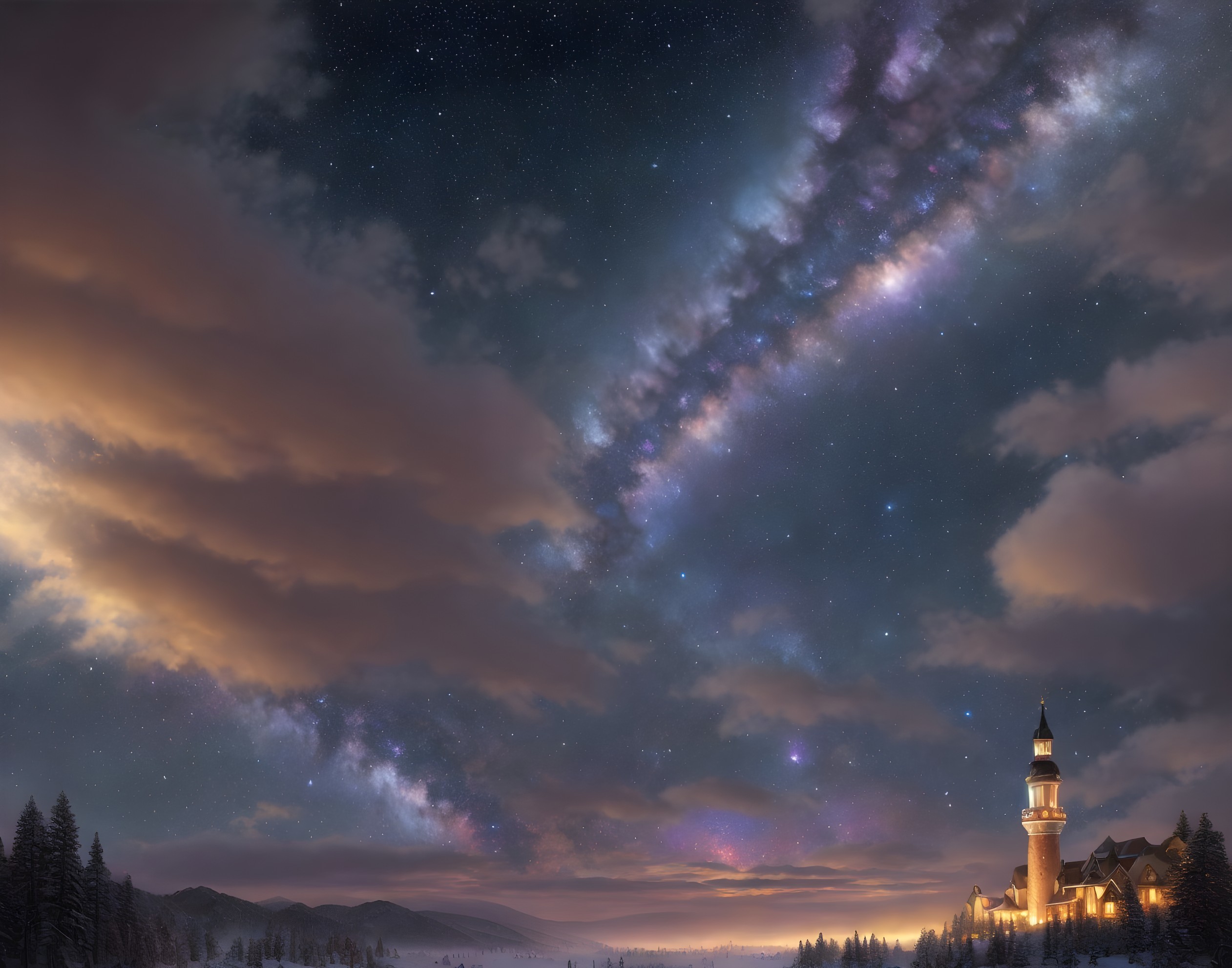 Serene Night Sky with Stars and Illuminated Tower