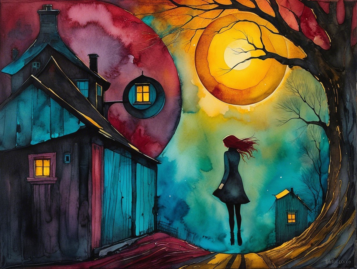 Whimsical Watercolor Scene with Girl and Vibrant Sky