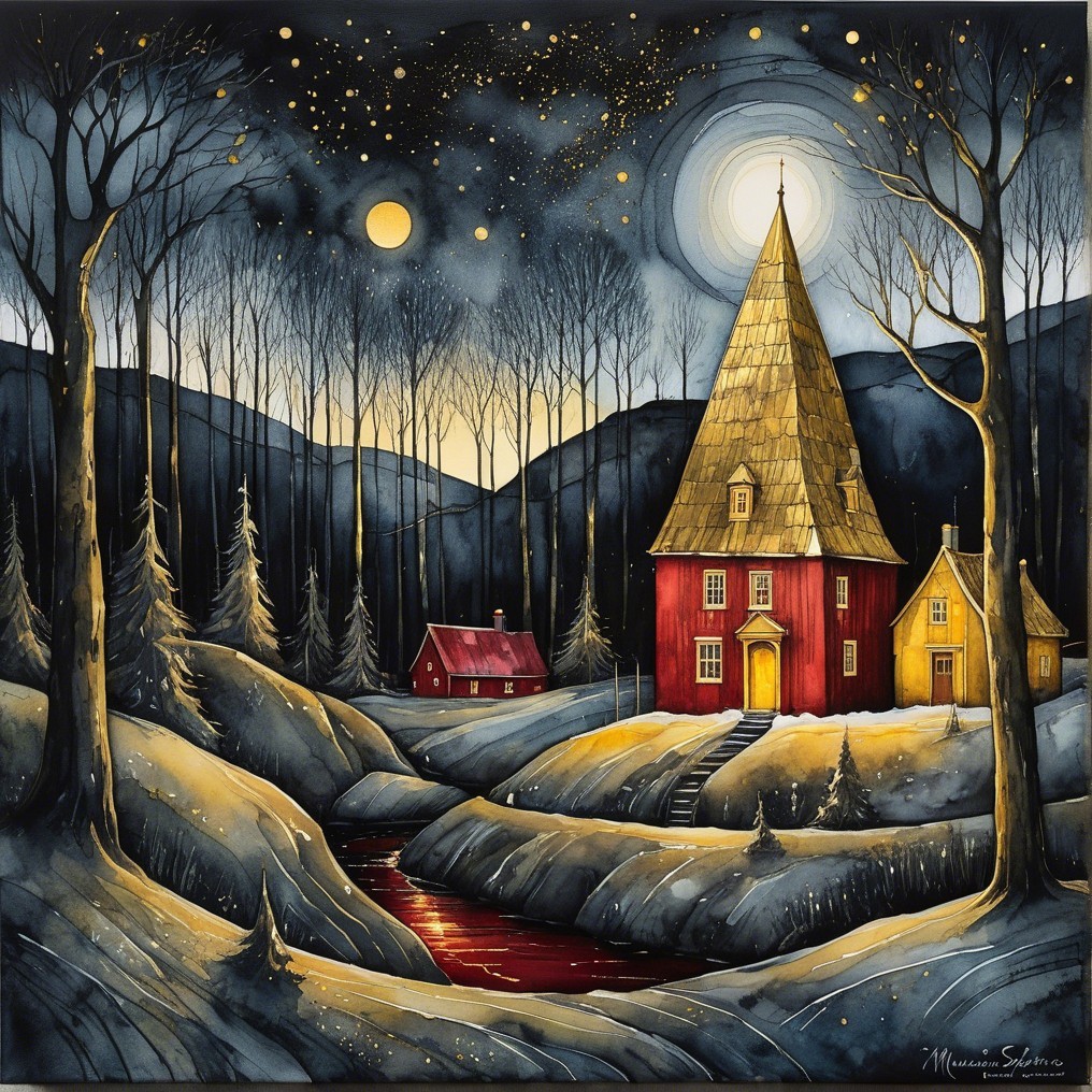 Winter Landscape with Red House and Moonlit Stream