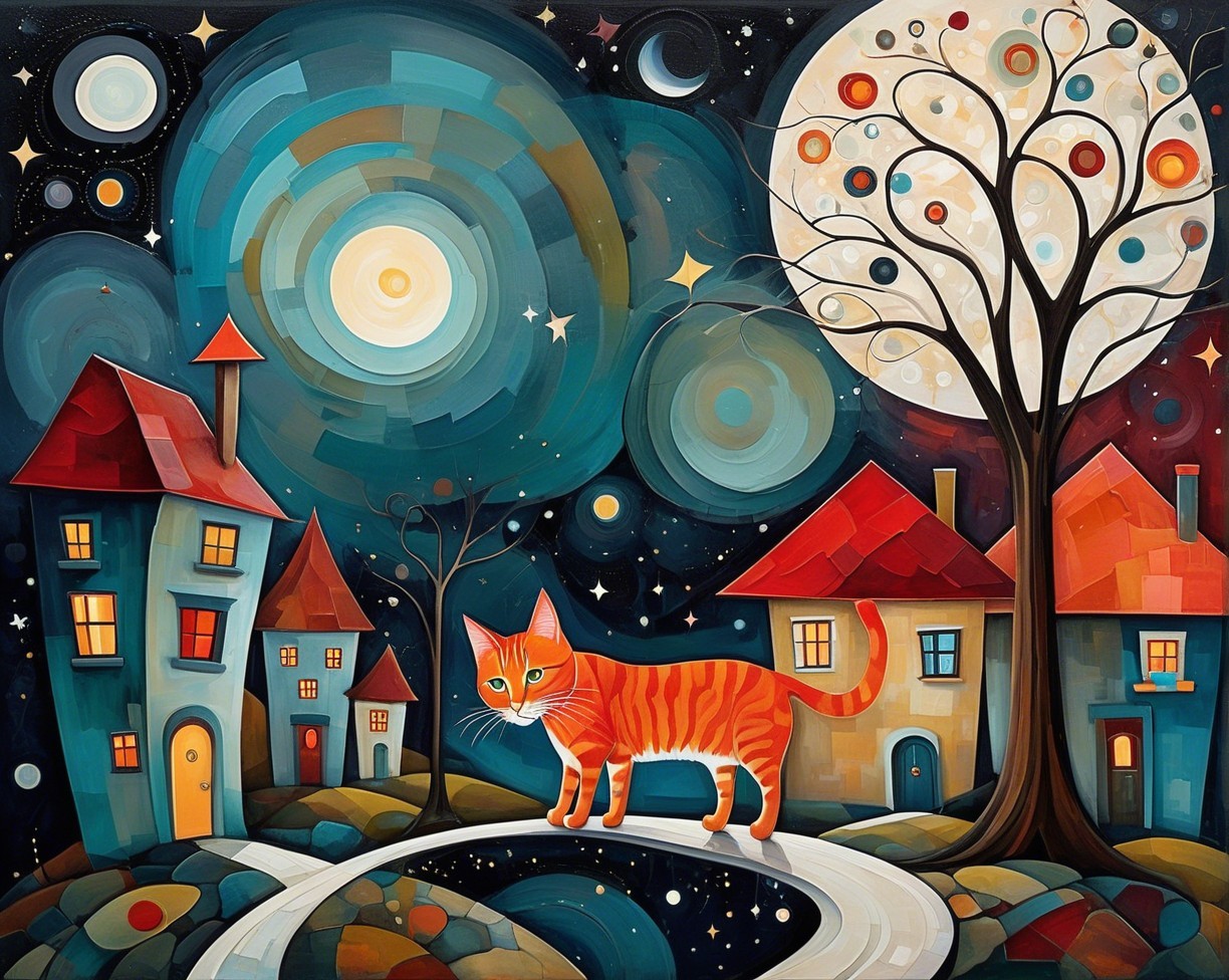 Whimsical Night Scene with Orange Tabby Cat and Village